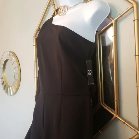 NY & Co Sexy Sleek Wide Leg 1 Shoulder Belted Jumpsuit Black NWT Sz.M $80 retail - Picture 11 of 12